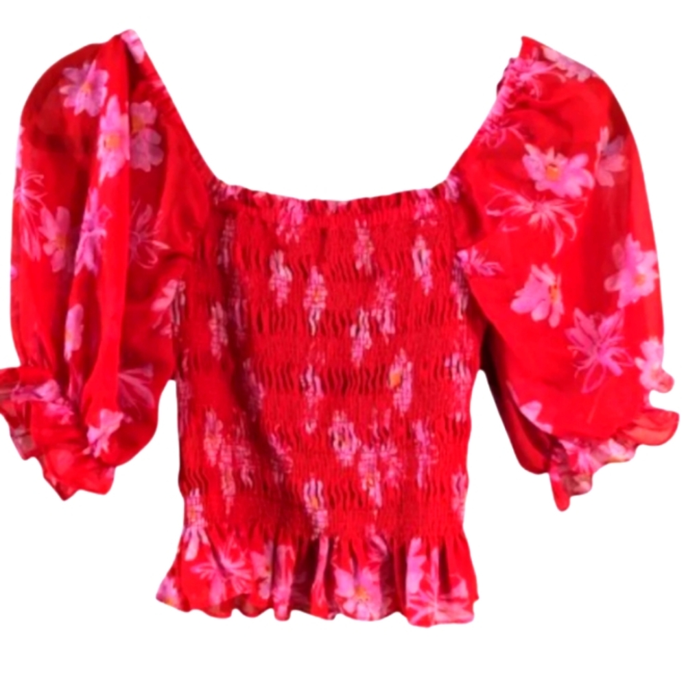 WAYF Floral Bubble Sleeve Smock Blouse NWOT
